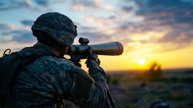 Soldier observing horizon through telescope during sunset, showcasing determination and focus in serene landscape