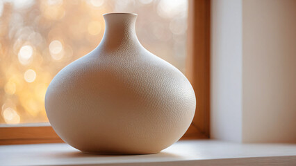 Sculptural matte textured vase placed on a sunny windowsill emphasizing nordic home simplicity