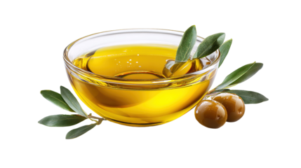 Extra virgin olive oil in glass bowl isolated on transparent white background