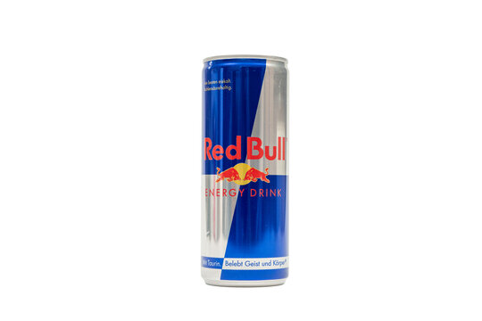 Germany Berlin October 10, 2025. Single classic Red Bull can. A classic Red Bull can in blue and silver stands upright. The logo and text are clearly visible.