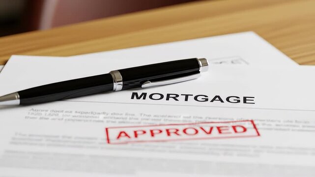 A mortgage document stamped approved awaits signing A sleek black pen rests nearby ready for the final commitment on a bright wooden surface