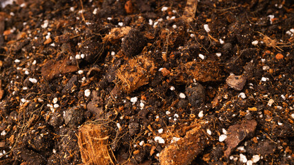 Rich organic potting mix made from soil, coconut coir, perlite, and compost for healthy plant growth