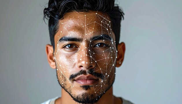 A close-up portrait of a man, centered with a neutral background, adorned with digital facial recognition overlay - Powered by Adobe
