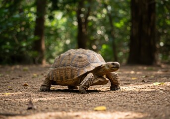 Fototapeta premium Tortoise Walking Slowly on Ground in Natural Habitat