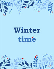 Winter card poster with elegant blue foliage and red berries on a light background. stylish seasonal design that captures the calm, frosty beauty of nature  perfect for greetings or decoration