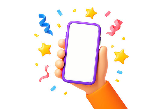 Celebrate app launch with festive confetti and this modern phone held in hand for app promotion or special announcement