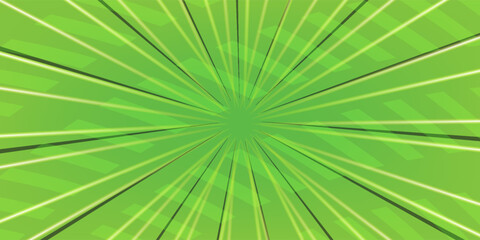 Comic green abstract background with beams radial and halftone effects, empty green comic style zoom lines background, Superhero comic book poster background with halftone print effect.