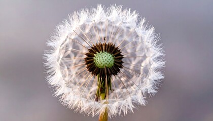 A close-up shot of a dandelion seed head in full bloom against a blurred gray and white backdrop, highlighting its delicate structure