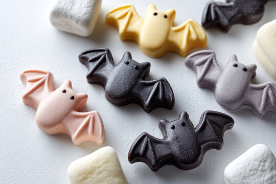 bat shaped. ghost shaped, halloween shaped candies, cookies and marshmallows floating in the air on a white neutral background. 