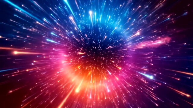 Exploding colorful particles creating a cosmic or energetic burst effect.