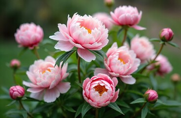 Peony Sea Shell, lovely pink flower, blooms with delicate petals, bright yellow centers. Many green buds opening on plant in garden. Fresh blossoms thrive in beautiful natural setting, showing