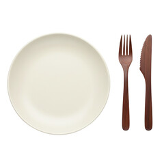 Minimalist place setting with wooden cutlery and ceramic plate