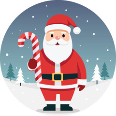Santa Claus illustration holding a candy cane in a snowy winter landscape with fir trees.