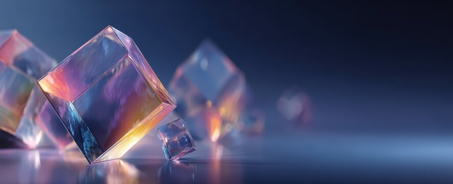 Fototapeta Futuristic 3D Glass Cubes with Neon Light Glow