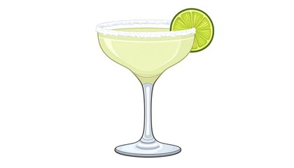 A brightly colored cartoon illustration depicts a chilled cocktail with a salted rim and a lime slice garnish. It is presented against a white background