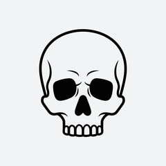 Skull illustration with black eye sockets and teeth on a light background.