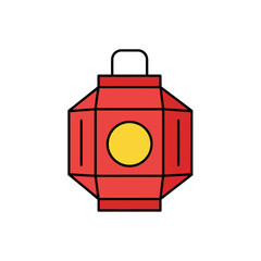 A red lantern with yellow circle and metal handle isolated on white.