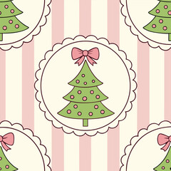 Vector art of christmas tree seamless pattern with pink stripe background