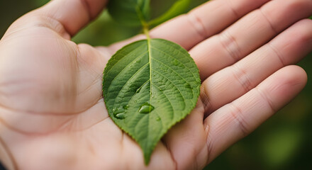 Close up of a green leaf with water droplets held in the palm of a hand