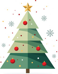 Stylized Christmas tree illustration with a gold star on top, decorated with red ornaments, snowflakes, and colorful confetti against a white background.