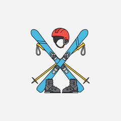 Ski equipment including skis boots helmet and poles arranged in a cross.