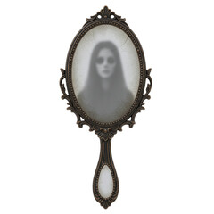 Haunted antique hand mirror with a ghost's face