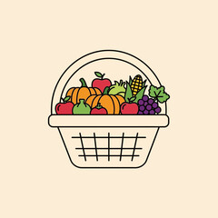 Basket filled with colorful fruits and vegetables on a light background.