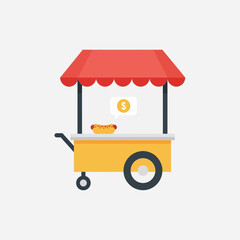 A yellow food cart with a red awning and wheels on a white background.