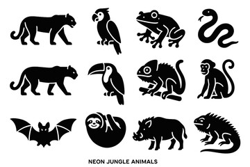 Naklejka premium Panther neon frog vector icon toucan icons sloth snake boar jungle jaguar