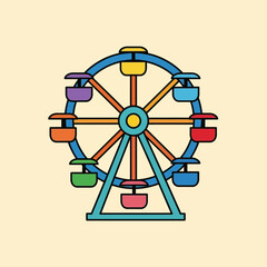 Ferris wheel illustration with colorful passenger cars on a light background.