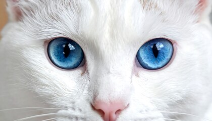 A close-up of a white cat's face, showcasing its bright blue, piercing eyes. Soft white fur surrounds a pink nose. Details are sharp
