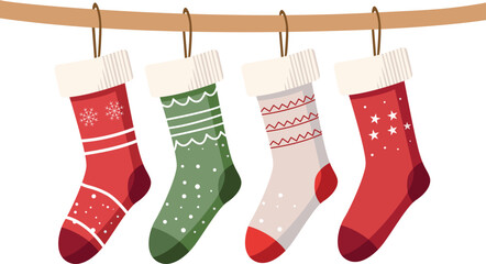 Four festive Christmas stockings hang from a brown rope, each with unique patterns and colors.