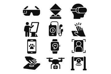 Fototapeta premium Vector gate icons zoo ar headset smart drone app interactive icon augmented