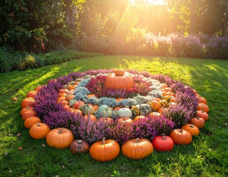 Spiral mandala made of pumpkins and heather flowers in autumnal garden. 