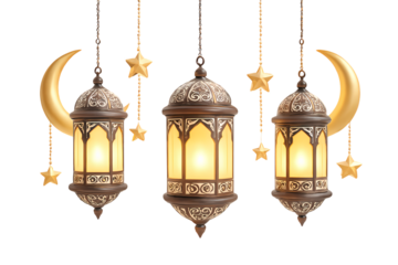 Ramadan lanterns celebrate Eid with luminous glow, crescent moon, and golden star decorations creating a vibrant festive atmosphere