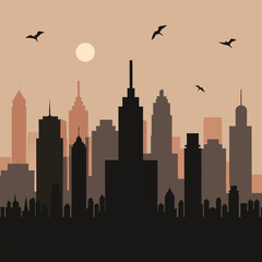 Obraz premium Vector art of silhouette of city skyline at sunset with birds flying