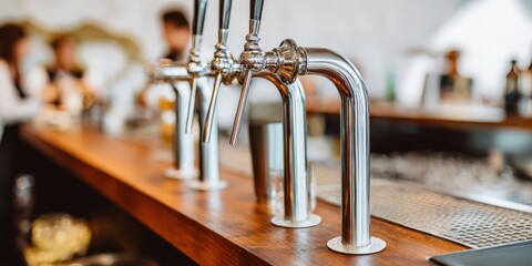 Beer taps on wooden bar counter in a pub