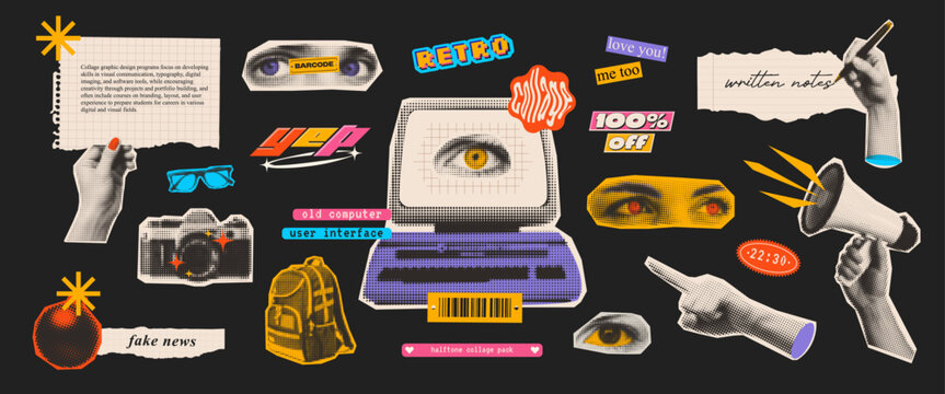 A collection of 23 retro halftone collage elements and stickers. Includes hands, eyes, labels, paper scraps, and digital interface icons for surreal pop art designs.