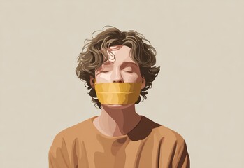 Woman with mouth covered by tape – censorship and silence illustration