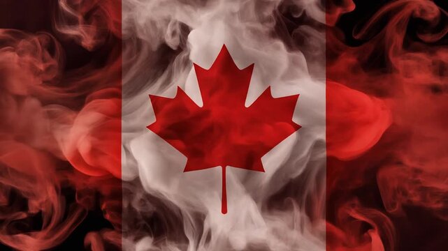 "A maple leaf emerges through swirling red mist as Canada&rsquo;s flag materializes&mdash;evoking heritage, resilience, and national pride in a dramatic, abstract composition."