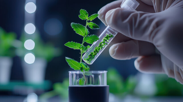Scientist lab carefully places small plant into test tube, showcasing process of gene editing plants. scene is vibrant and focused innovation