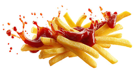 flaying french fries with ketchup splash isolated on transparent white background,