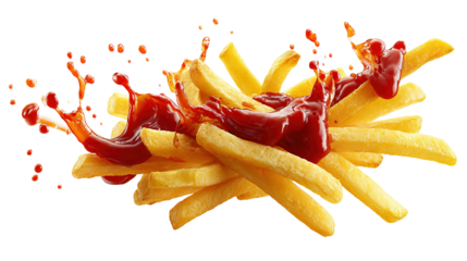flaying french fries with ketchup splash isolated on transparent white background,