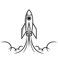 Simple line drawing of a rocket ship launching into space with smoke trails