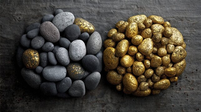 Two circular arrangements of stones, one dark gray and one gold, sit on a dark gray stone surface, showcasing a striking contrast in color and texture.