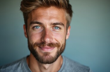 Handsome young man with blond hair and blue eyes presents confident expression. He has well-groomed beard and looks directly at viewer in intimate portrait. Image conveys trust and approachability.