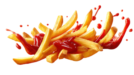 flaying french fries with ketchup splash isolated on transparent white background,