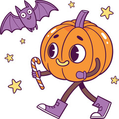 Cute Halloween Pumpkin Character Holding Candy with Bat and Stars – Fun Cartoon Vector Illustration for Holiday Designs