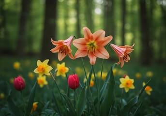 Fototapeta premium Vibrant orange lilies, yellow daffodils, and red tulips blooming in a lush green forest.