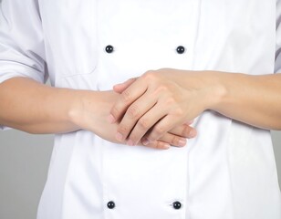Chef in White Uniform, Hands Together, Professional Image.